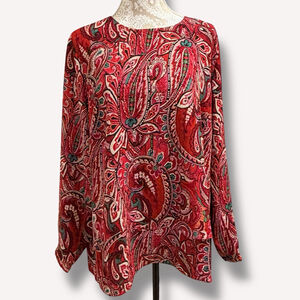 J.Jill Women’s XL Red Paisley Boho Tunic Blouse Long Sleeve Lightweight Top